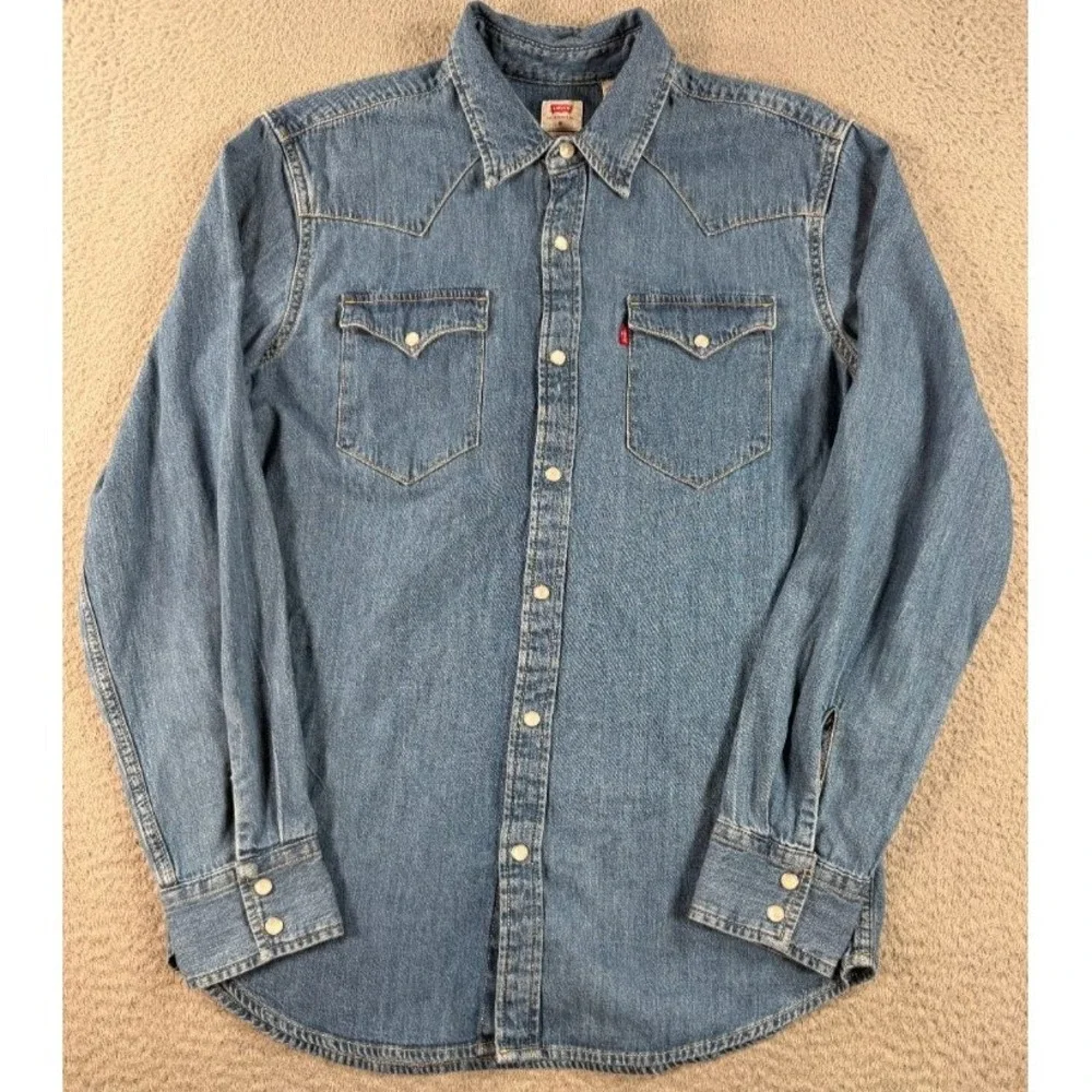Levi's Pearl Snap Shirt Mens Medium Denim Western Blue Long Sleeve Western